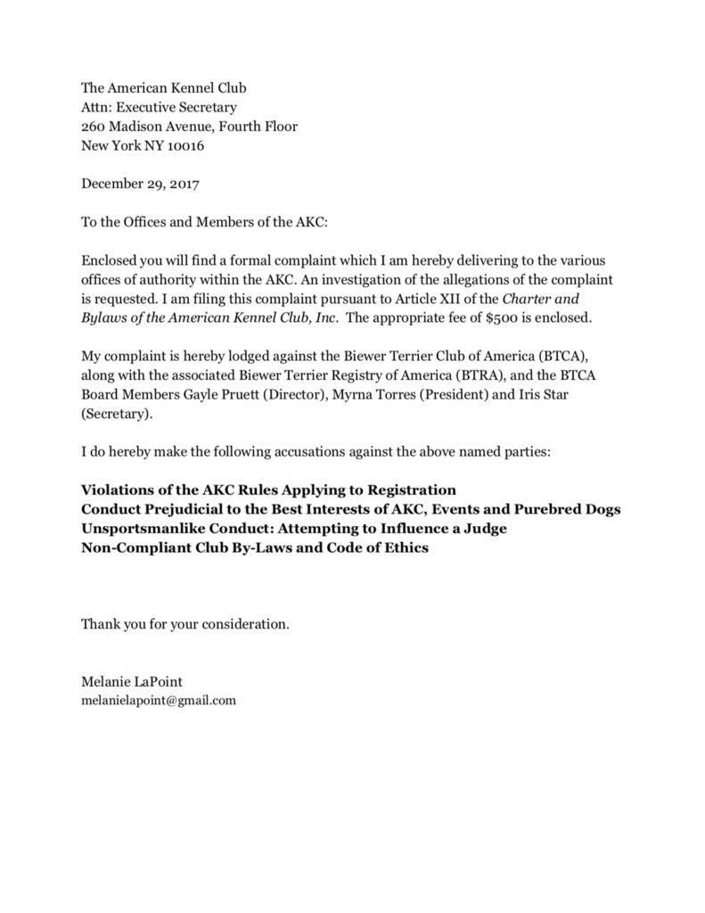 Formal AKC Complaint against the Biewer Terrier Club of America