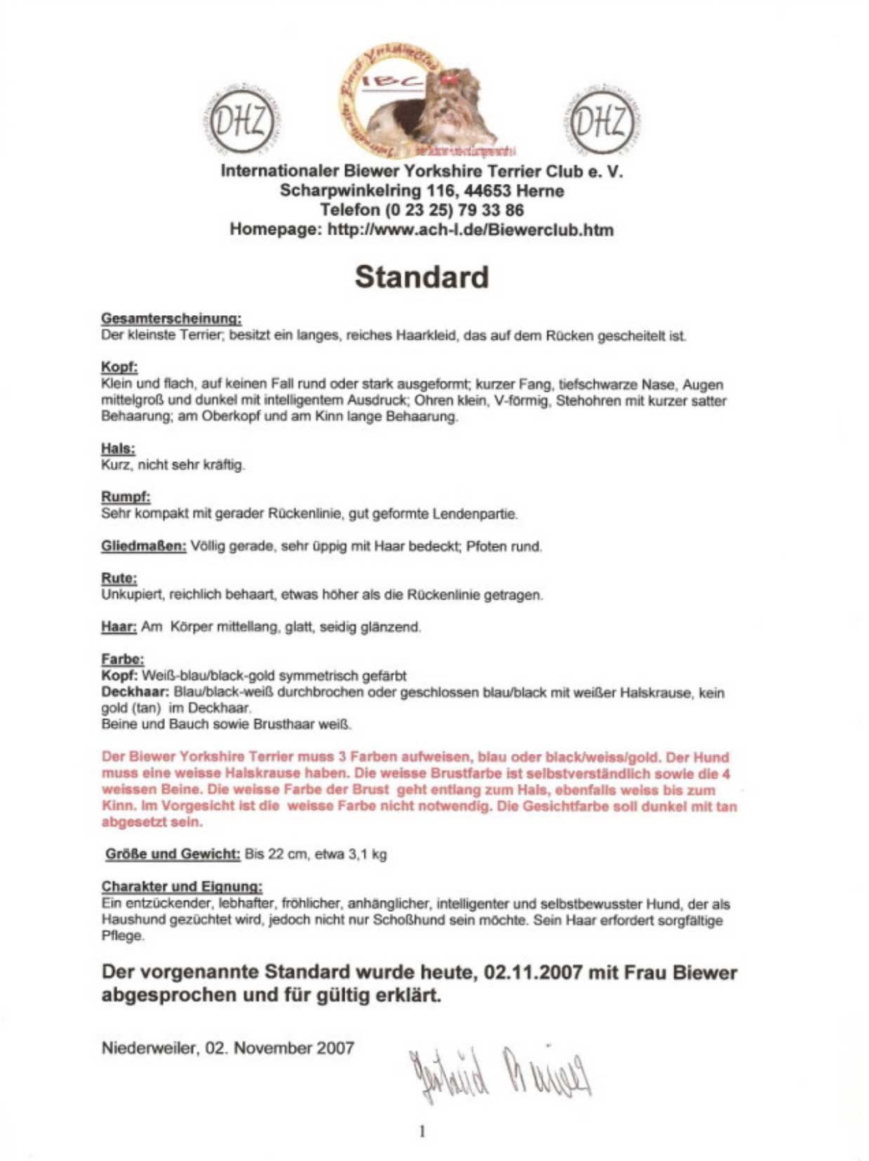 2007 IBC Breed Standard Biewer Yorkshire Terrier