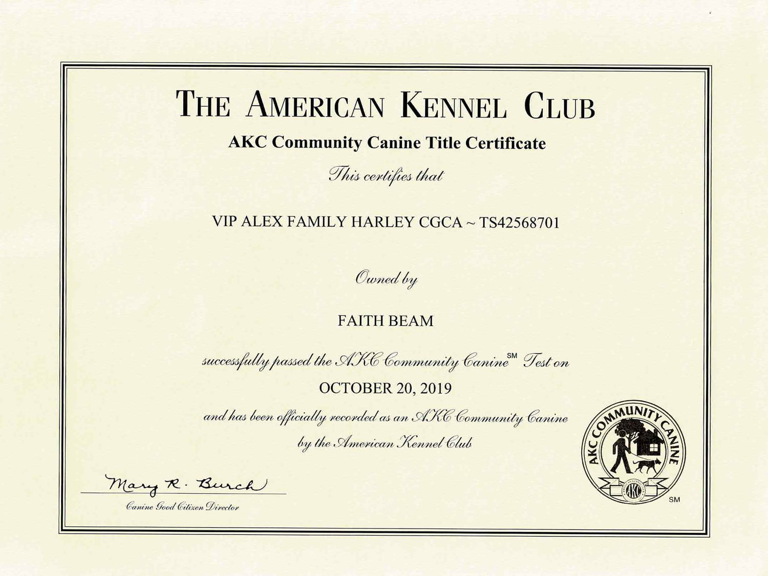 VIP Alex Family Harley AKC CGCA Certificate