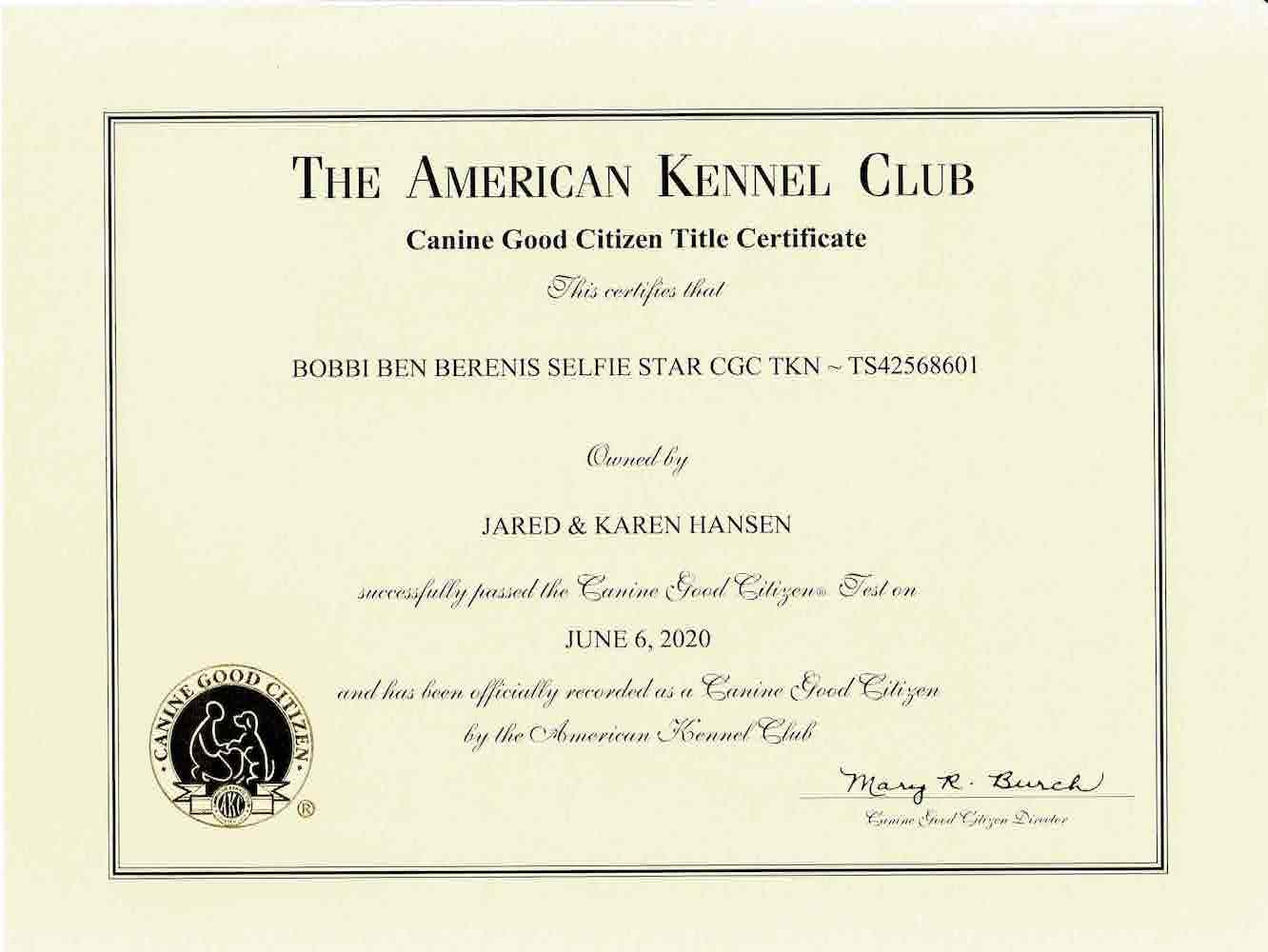 Bobbi Ben Berenis Selfie Star CGC TKN Certificate