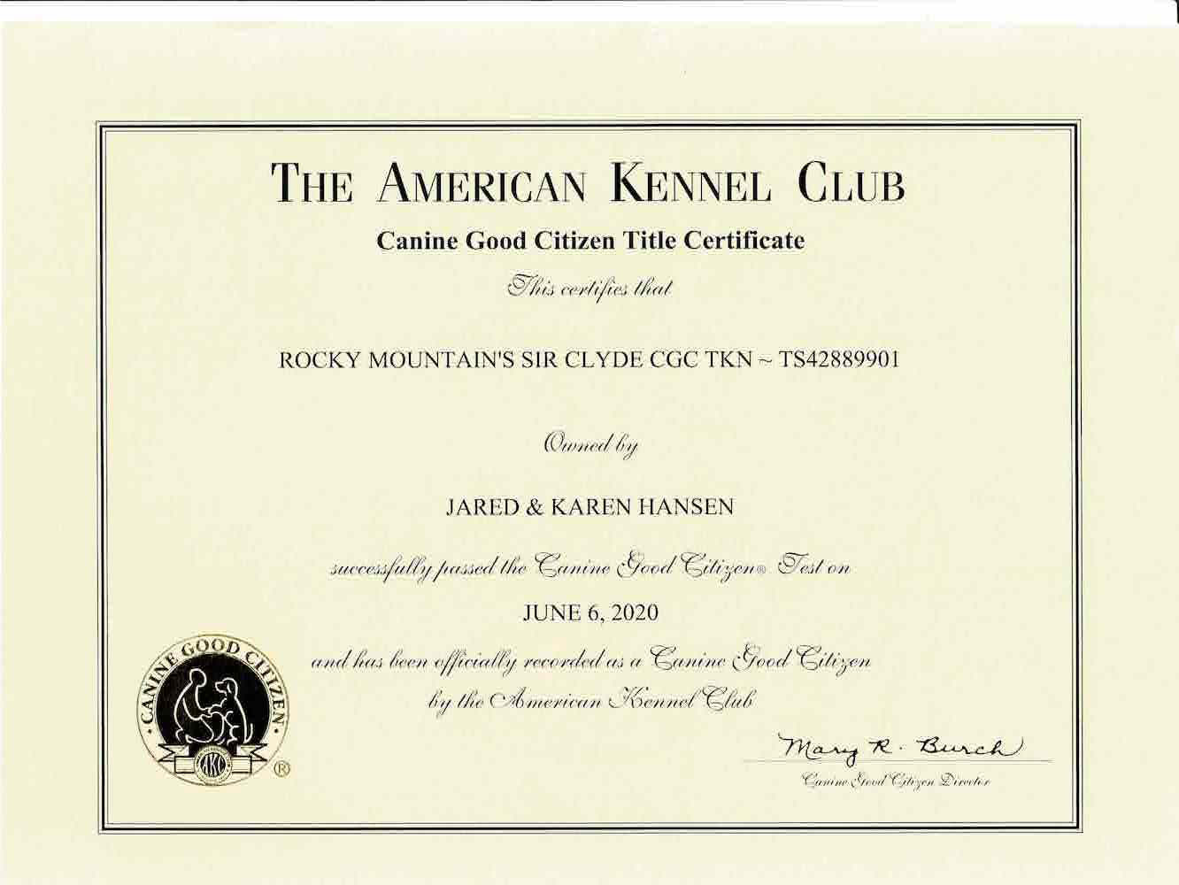 Rocky Mountain's Sir Clyde AKC CGC Certificate
