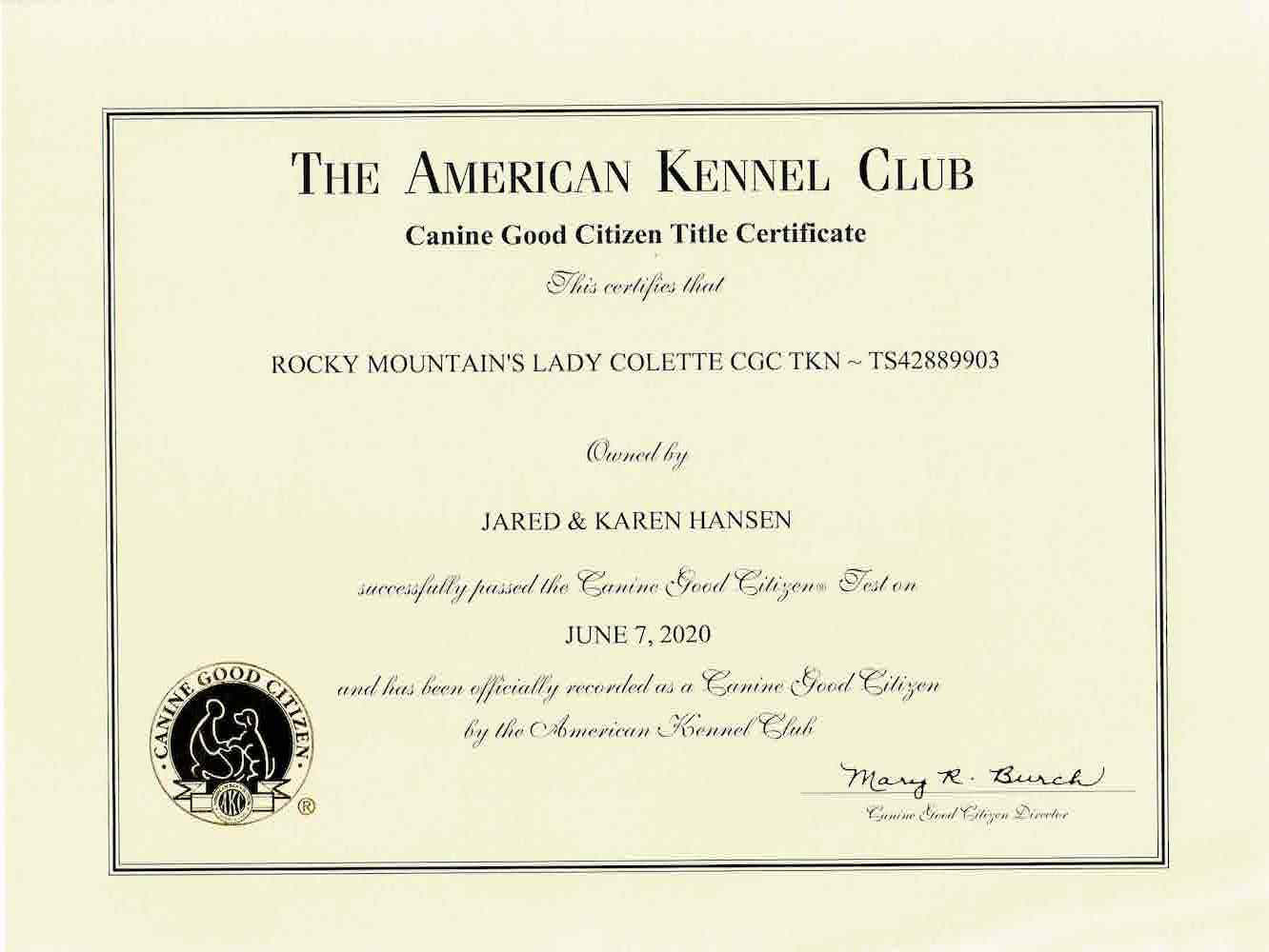 Rocky Mountain's Lady Colette AKC CGC Certificate